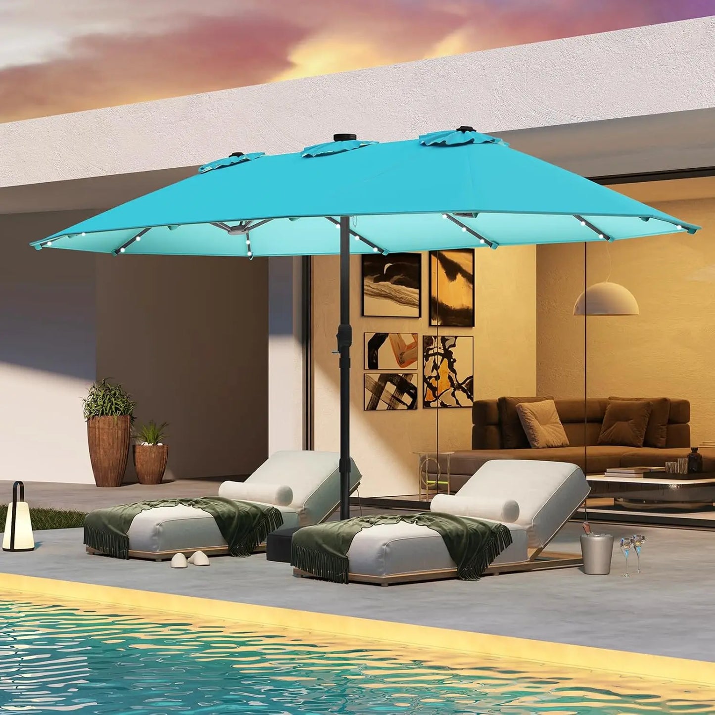 Double Sided Solar Patio Umbrella With LED Lights Outdoor