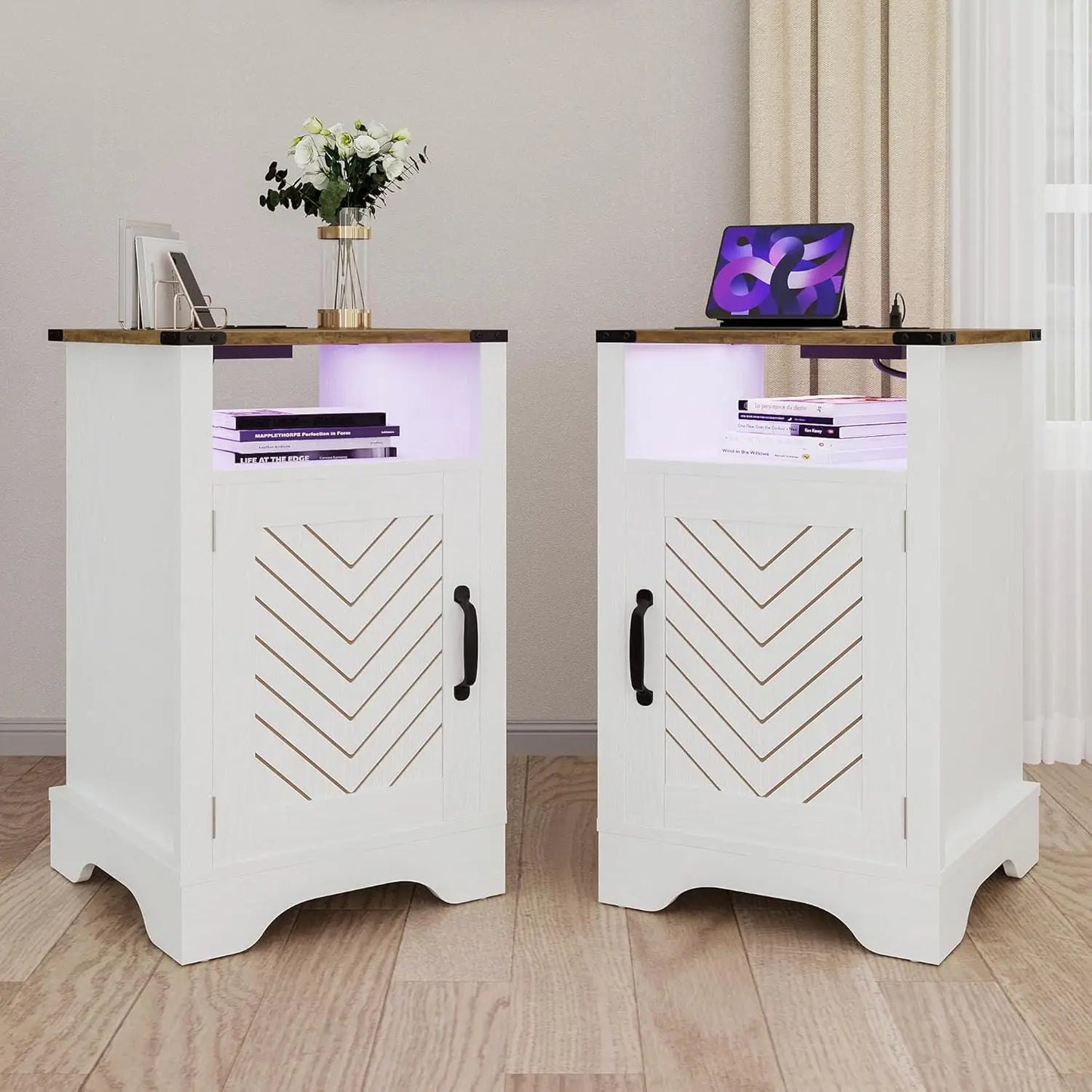 Farmhouse Nightstand Set Of 2 With Charging Station And Storage