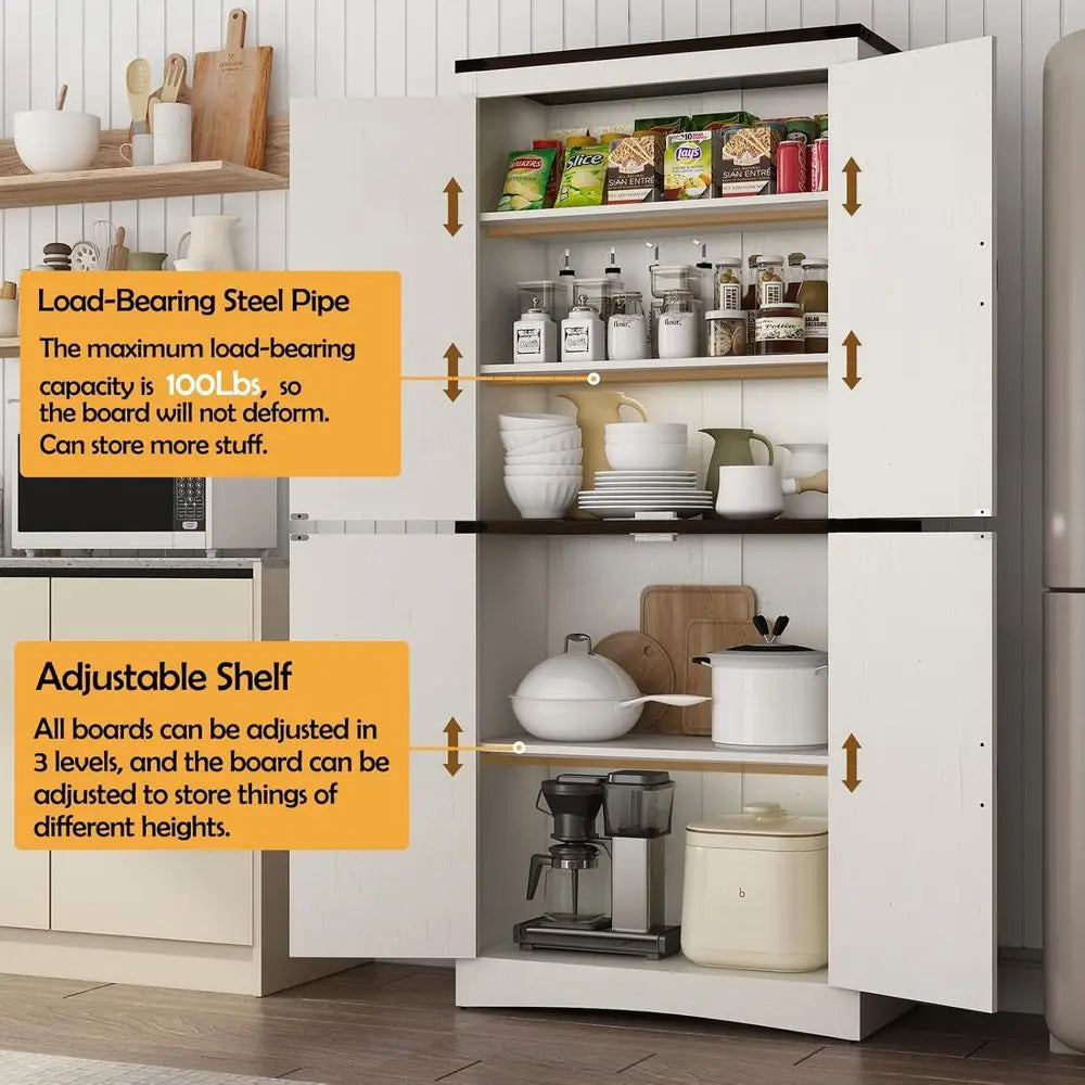 Farmhouse Kitchen Pantry Cabinet With Four Doors And Adjustable Shelves