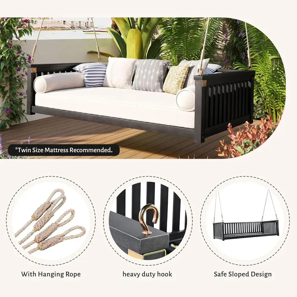 Patio Swing Bed Wooden Twin With Ropes For Garden