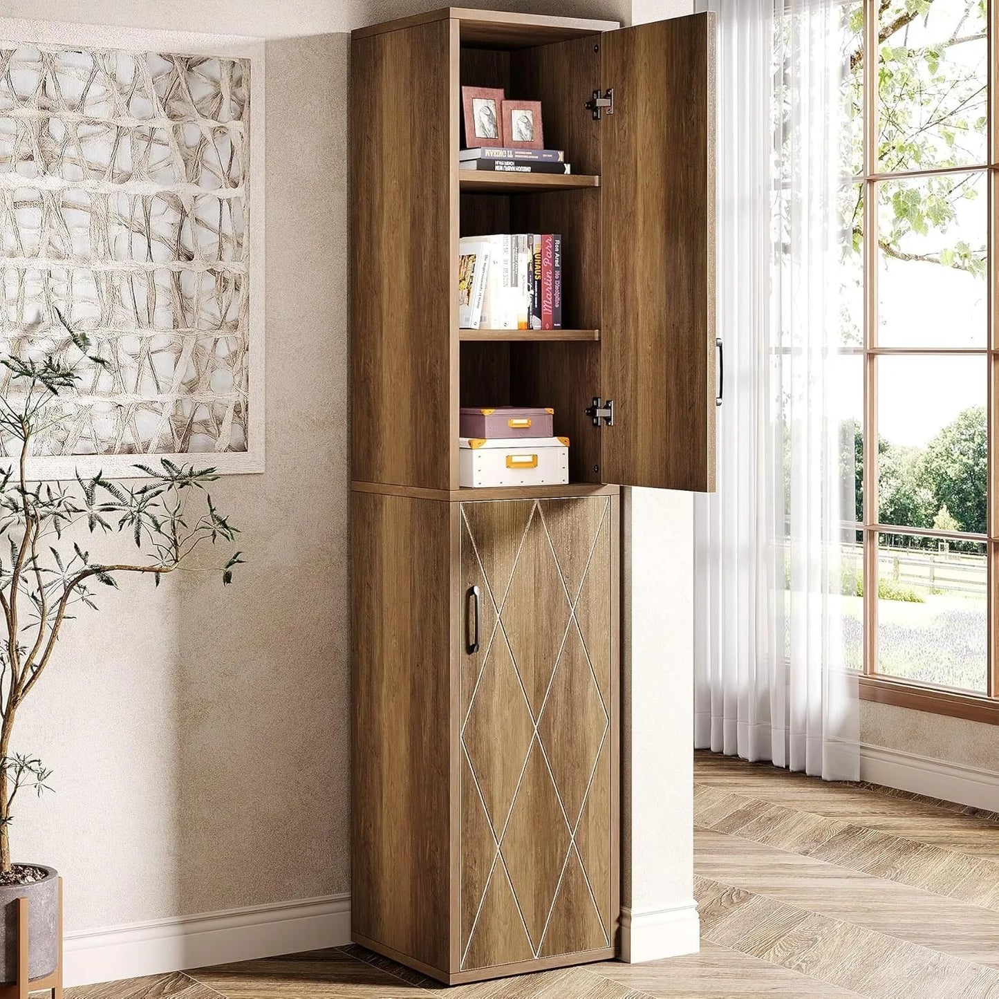 Little Tree Tall Narrow Storage Cabinet With Doors And Shelves
