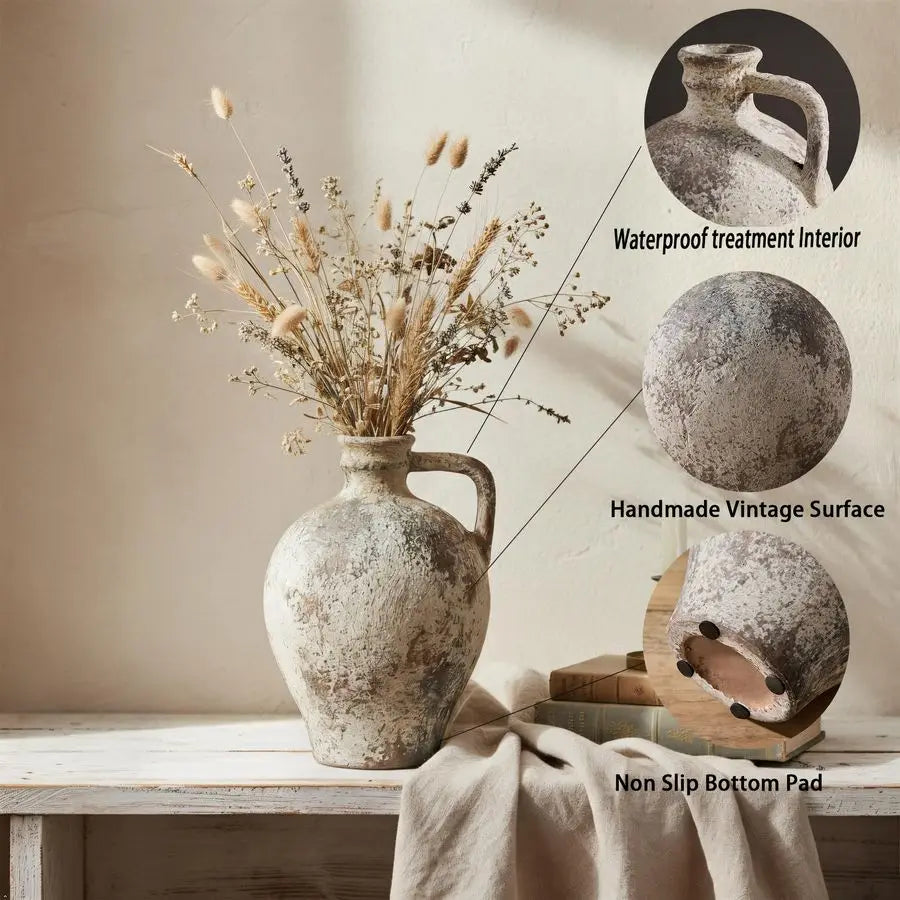 Ceramic Rustic Farmhouse Vase With Handle Porcelain Decorative