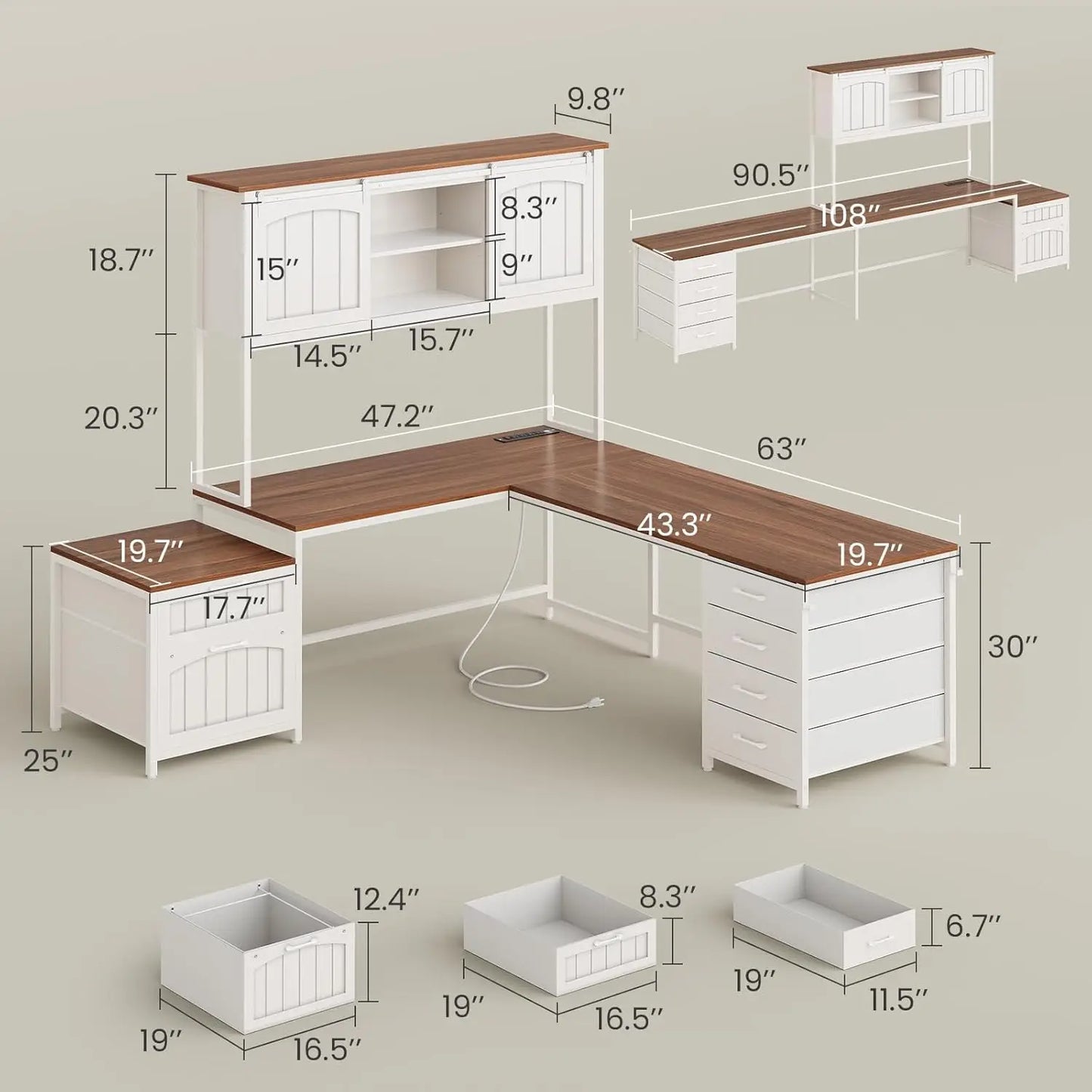 L Shaped Office Desk With 6 Drawers And Power Outlet
