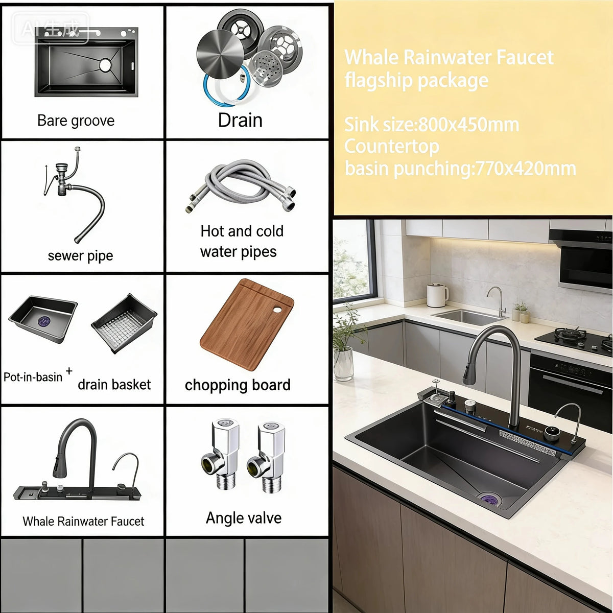 304 Stainless Steel Kitchen Waterfall Sink Digital Display Large Single Sink Dish Basin Sink With Multifunction Touch Waterfall