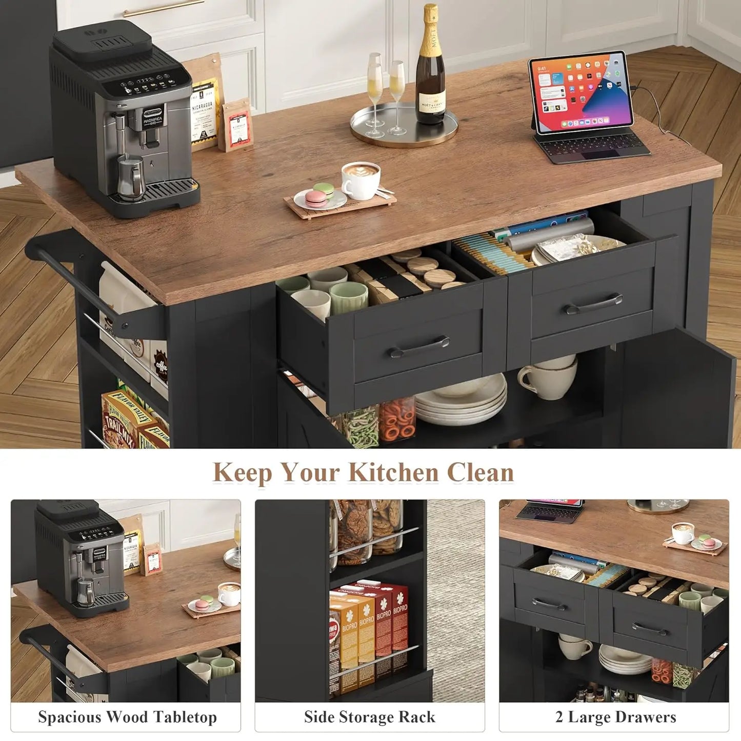 Mobile Kitchen Island Cart With Drop Leaf And Drawers