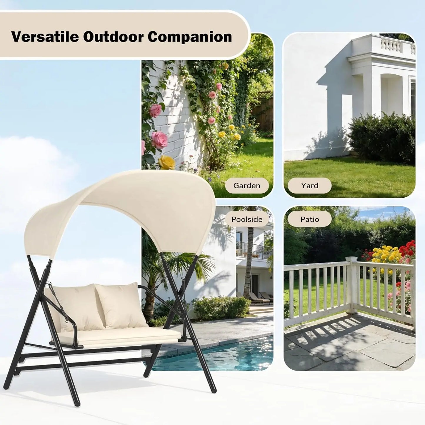 Outdoor Porch Swing Chair With Canopy Two Seat Steel Frame