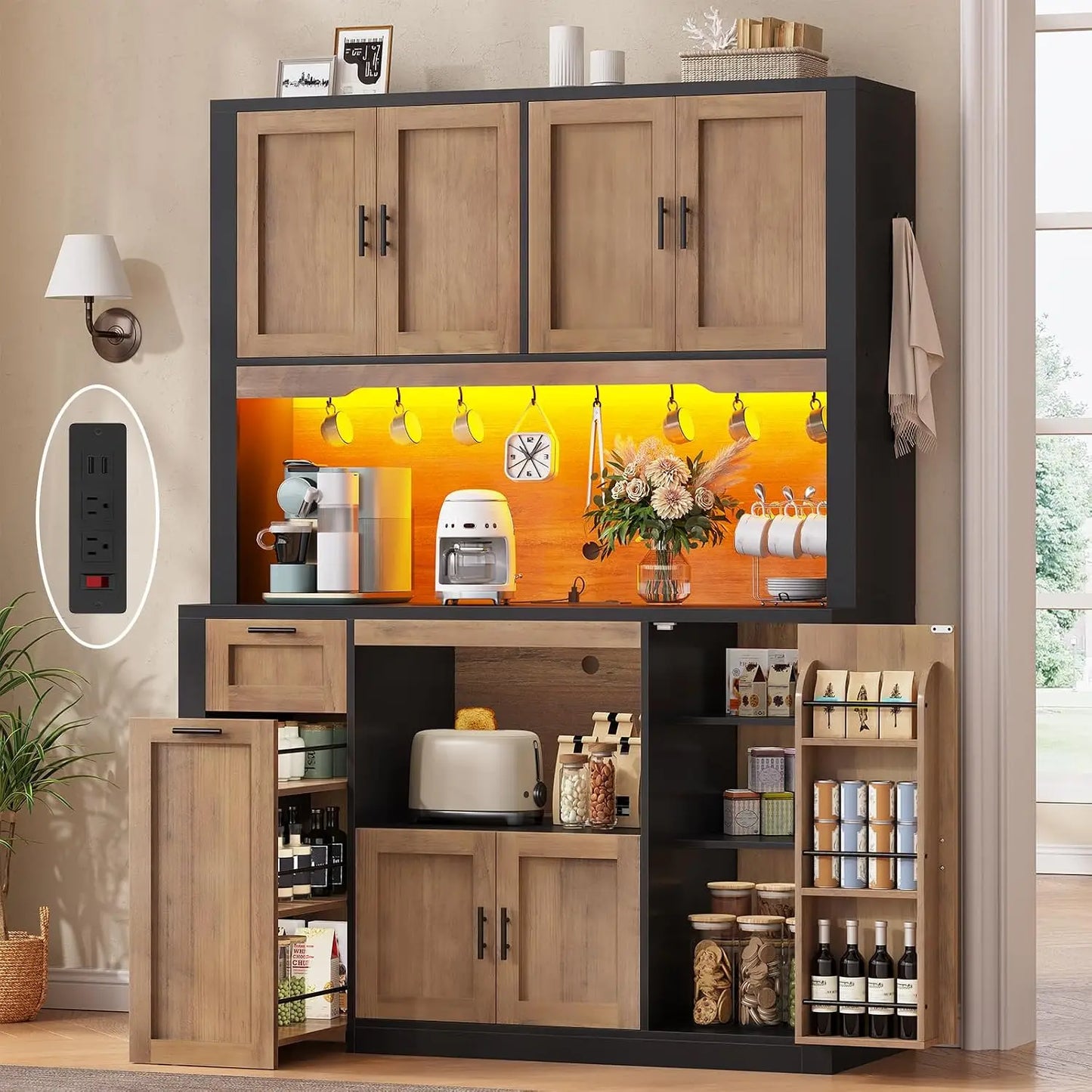 Pantry Cabinet With Charging Station And LED Light Microwave Stand