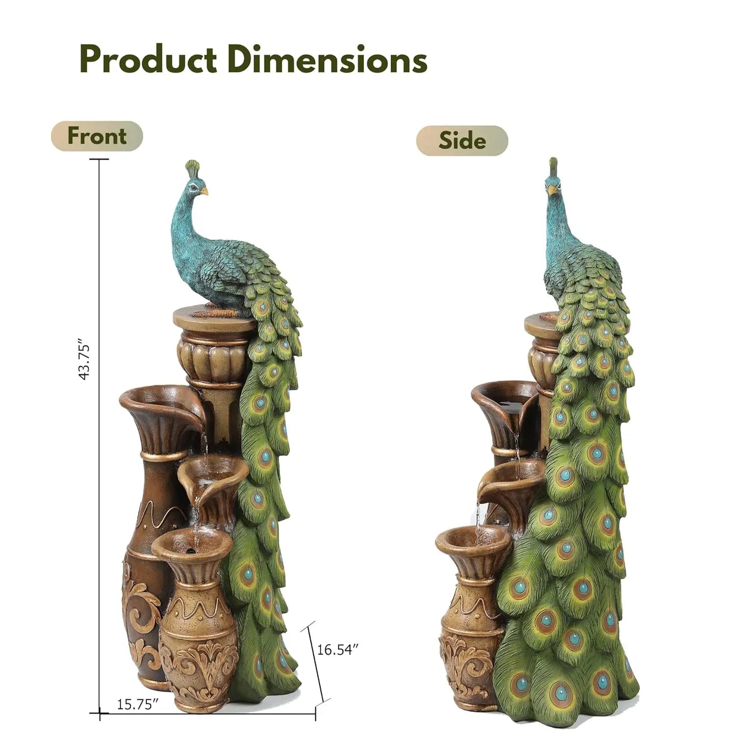Resin Peacock Water Fountain With LED Urns For Garden