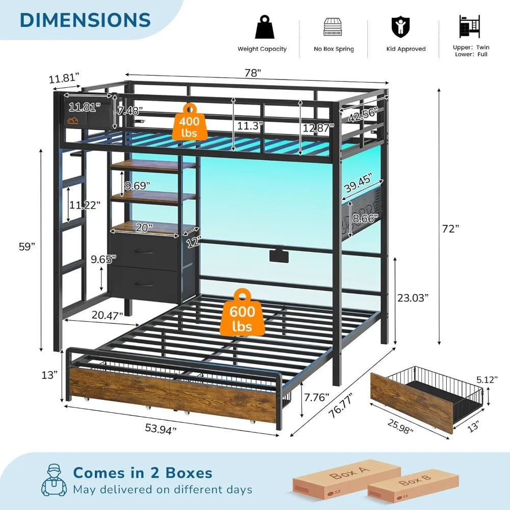 Metal Bunk Bed With Storage Drawers Bookshelf LED Lights Charging Dock