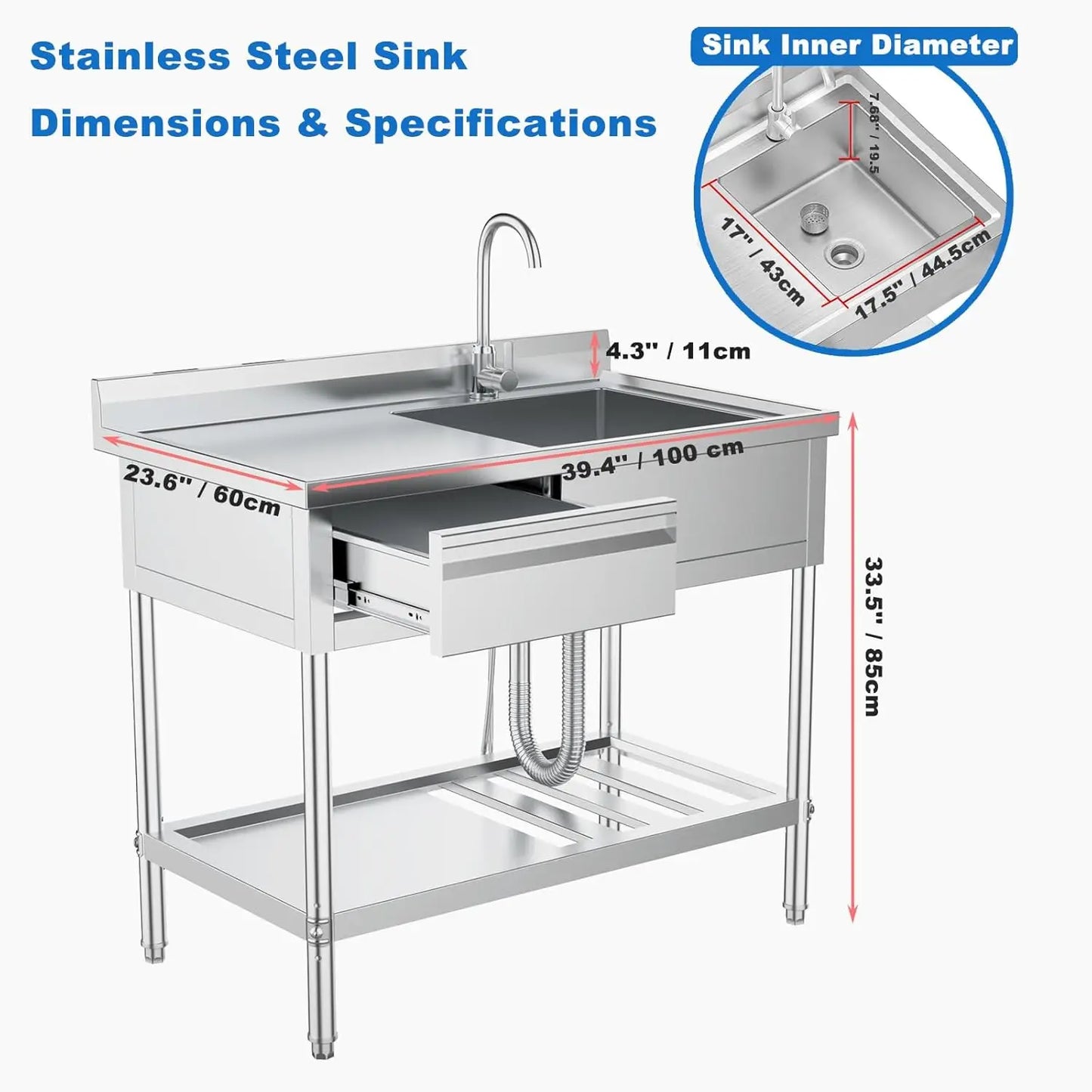 Stainless Steel Utility Sink With Drawers Single Bowl Commercial Kitchen