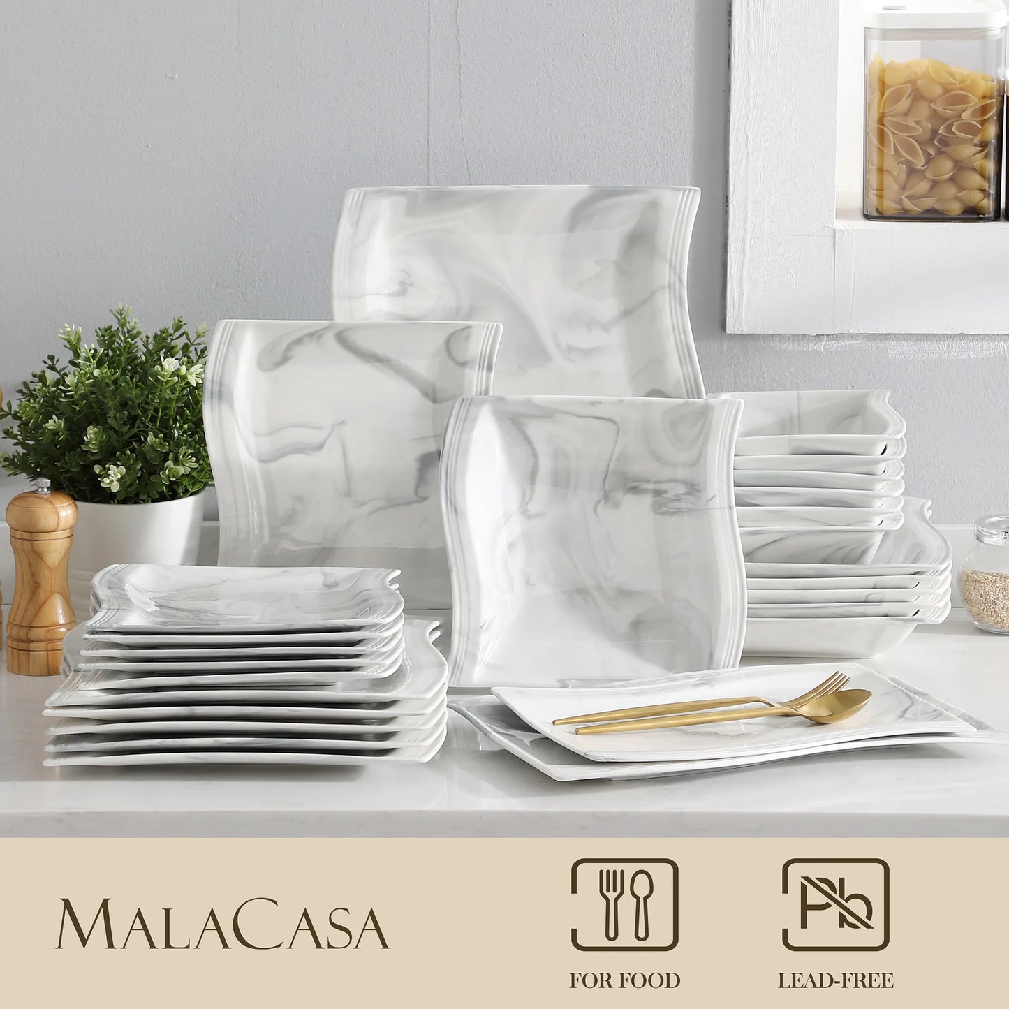 MALACASA Flora 26 Piece Nordic Marble Gray Porcelain Dinnerware Set for 6
