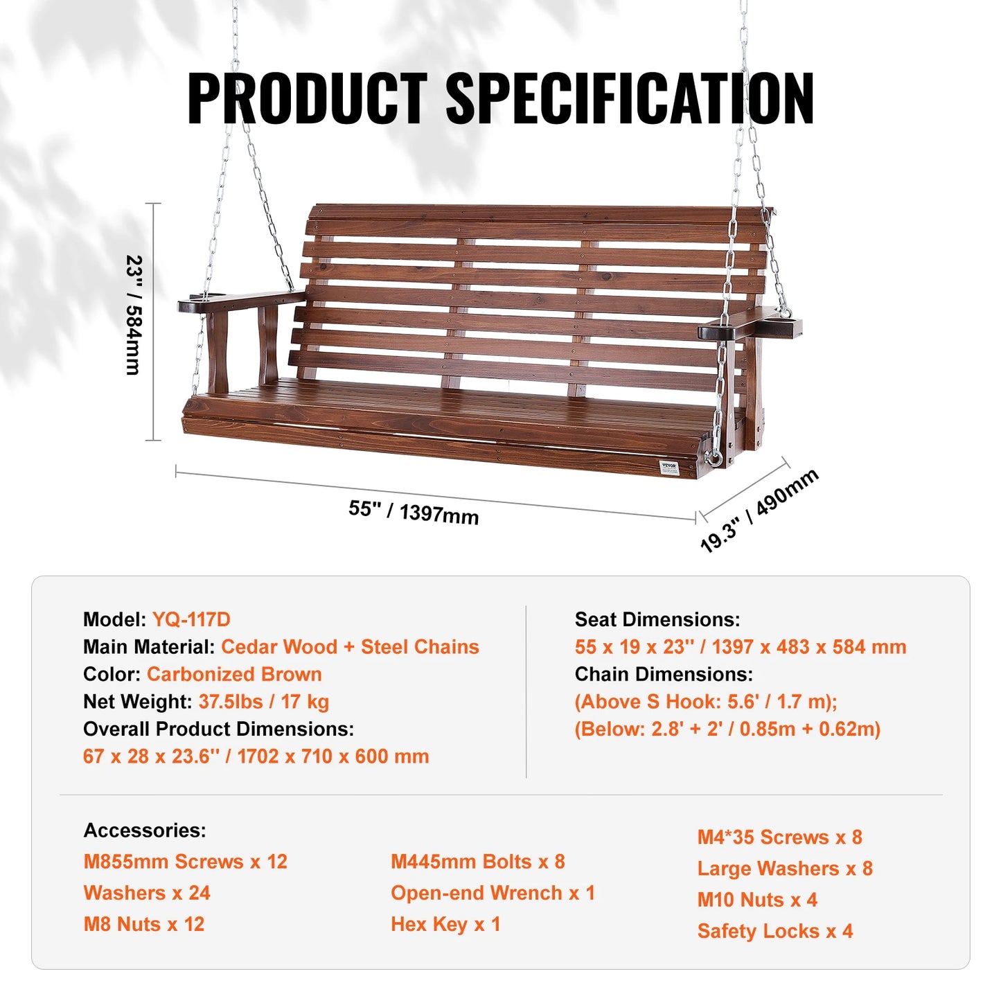 SucceBuy Wooden Porch Swing Outdoor Patio Bench Garden 880 Lbs