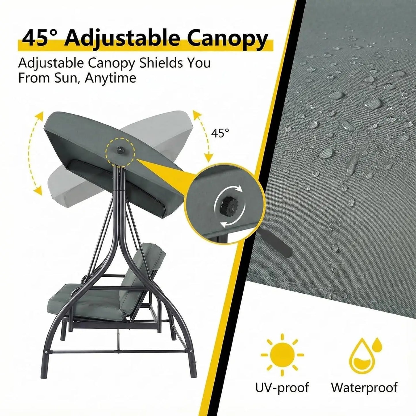 Three Seat Patio Swing With Adjustable Canopy And Backrest For Outdoor Use