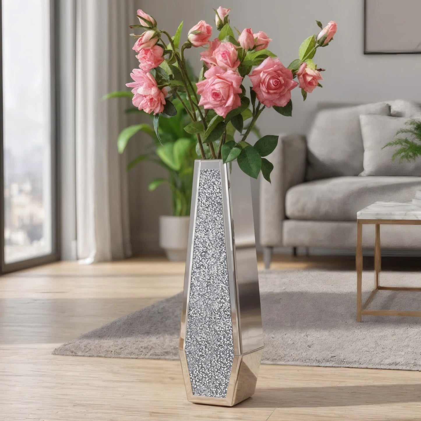 Floor Mirrored Vase Crushed Diamond Glass Tall Home Decor