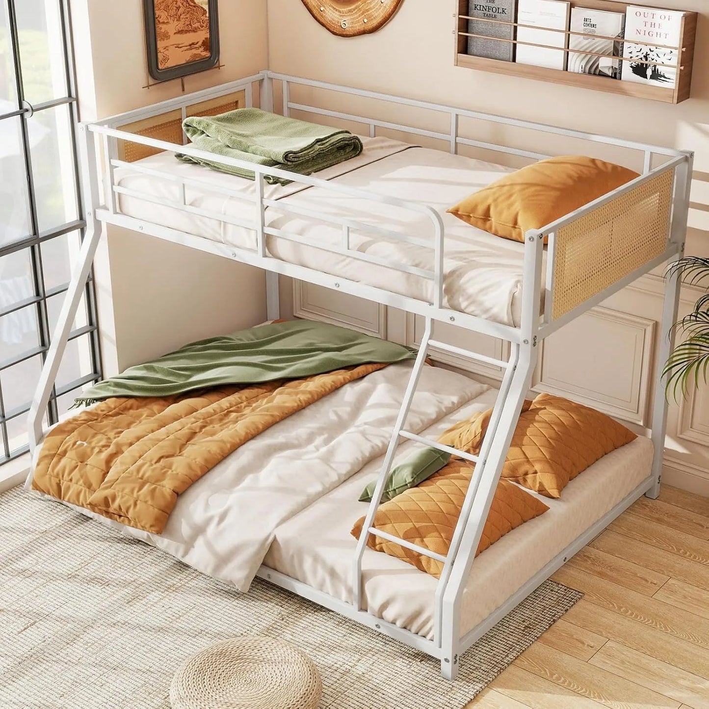 Metal Bunk Bed With Ladder And Guardrails Boho Rattan Style