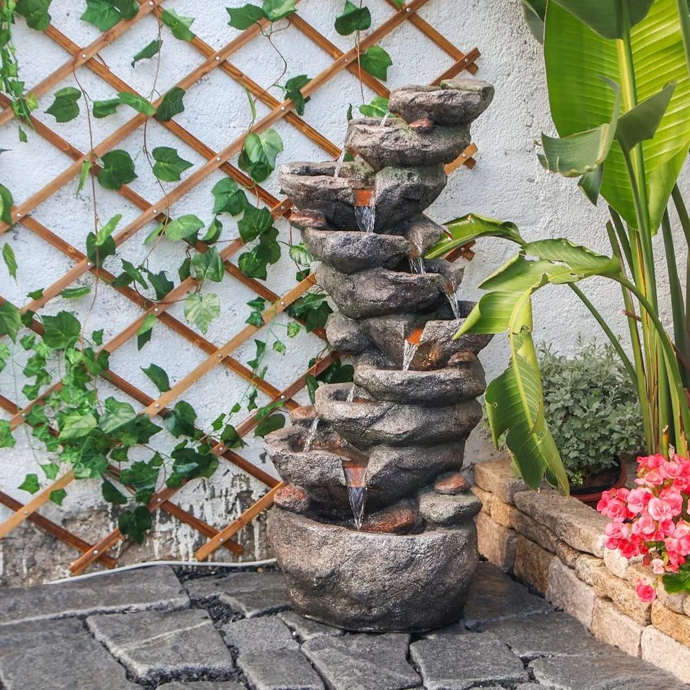 10 Tier Cascading Rock Water Fountain Outdoor Garden Decor