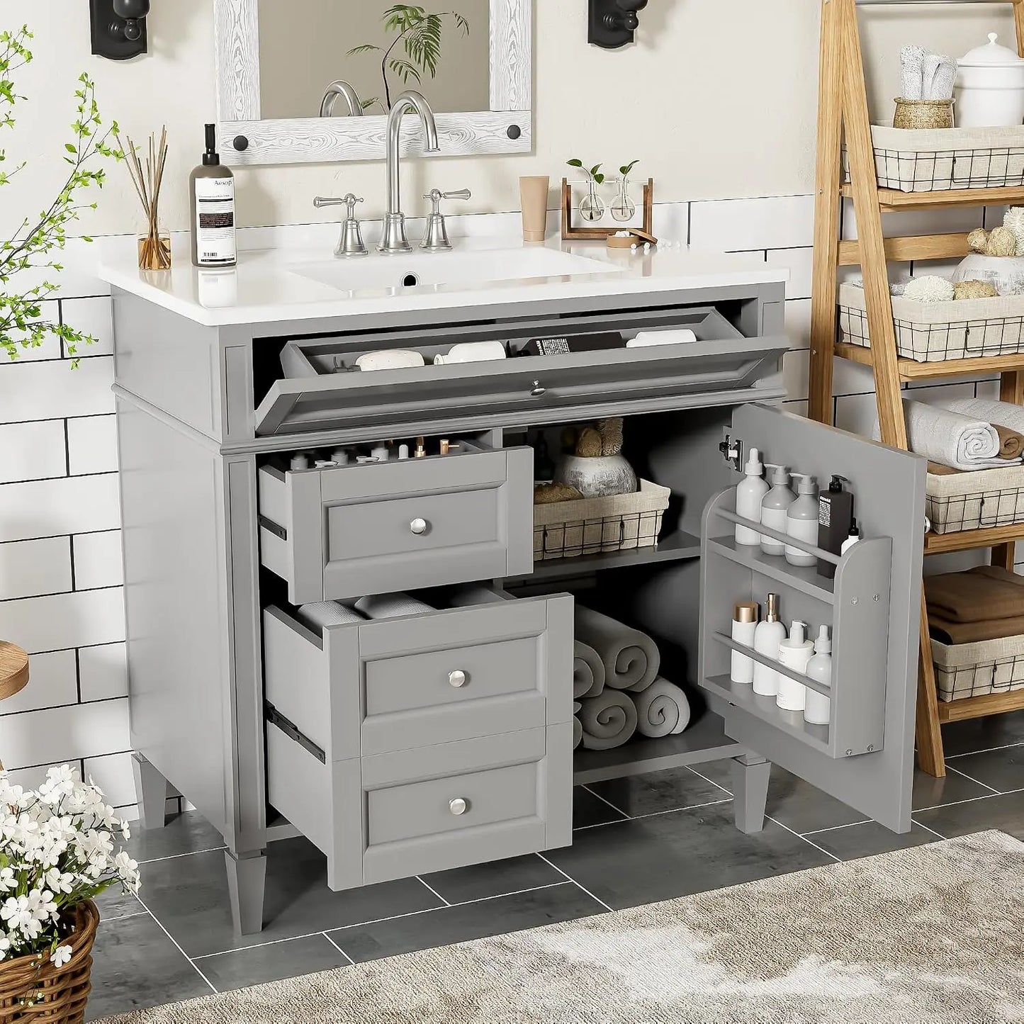 Customizable Modern Wooden Bathroom Vanity With Single Sink And Drawers