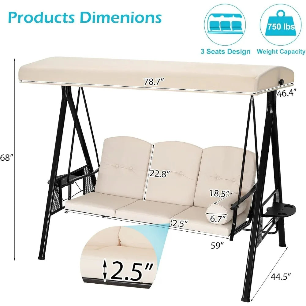 Outdoor Porch Swing 3 Seat With Adjustable Canopy For Garden