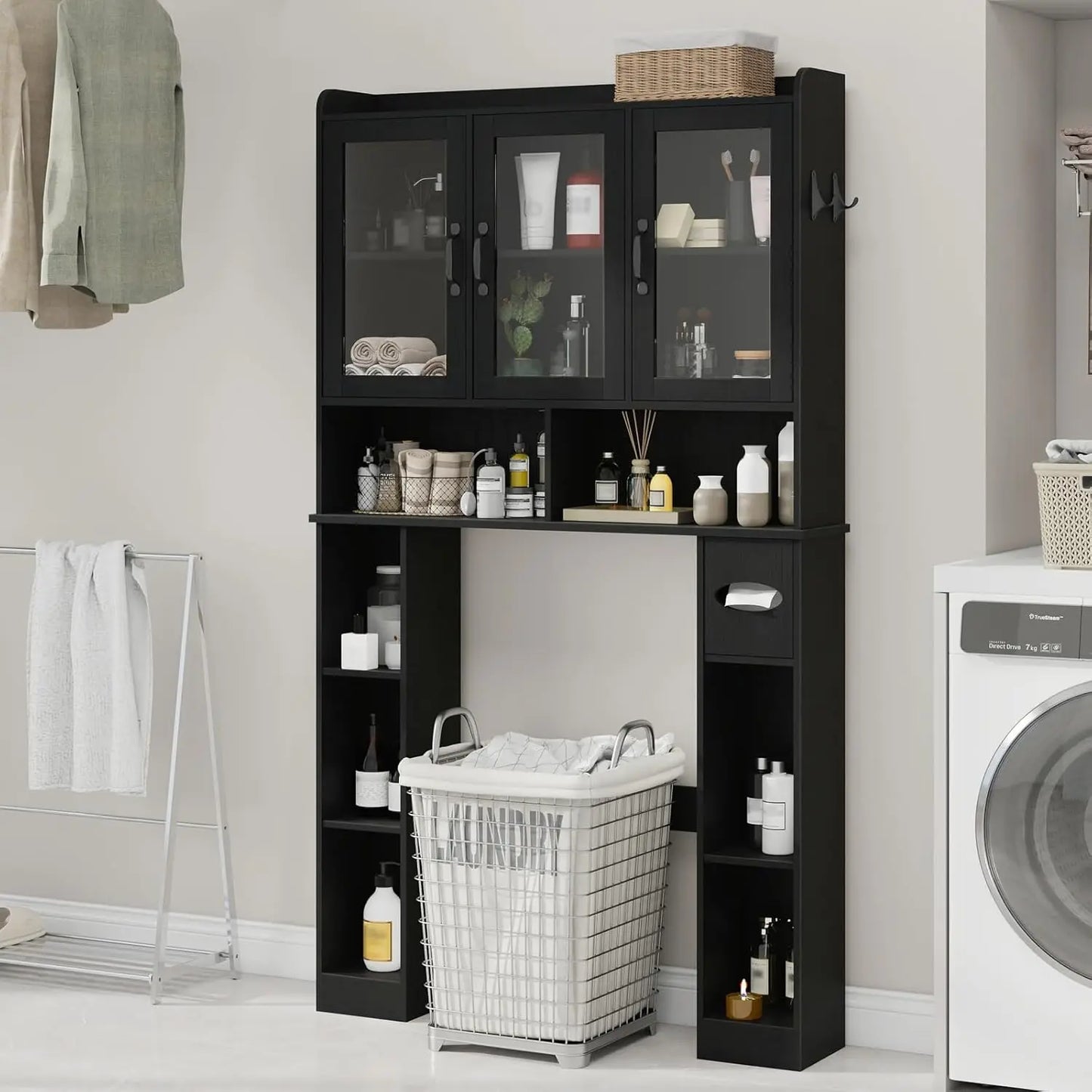 Space Saving Over Toilet Storage Rack With Adjustable Glass Doors