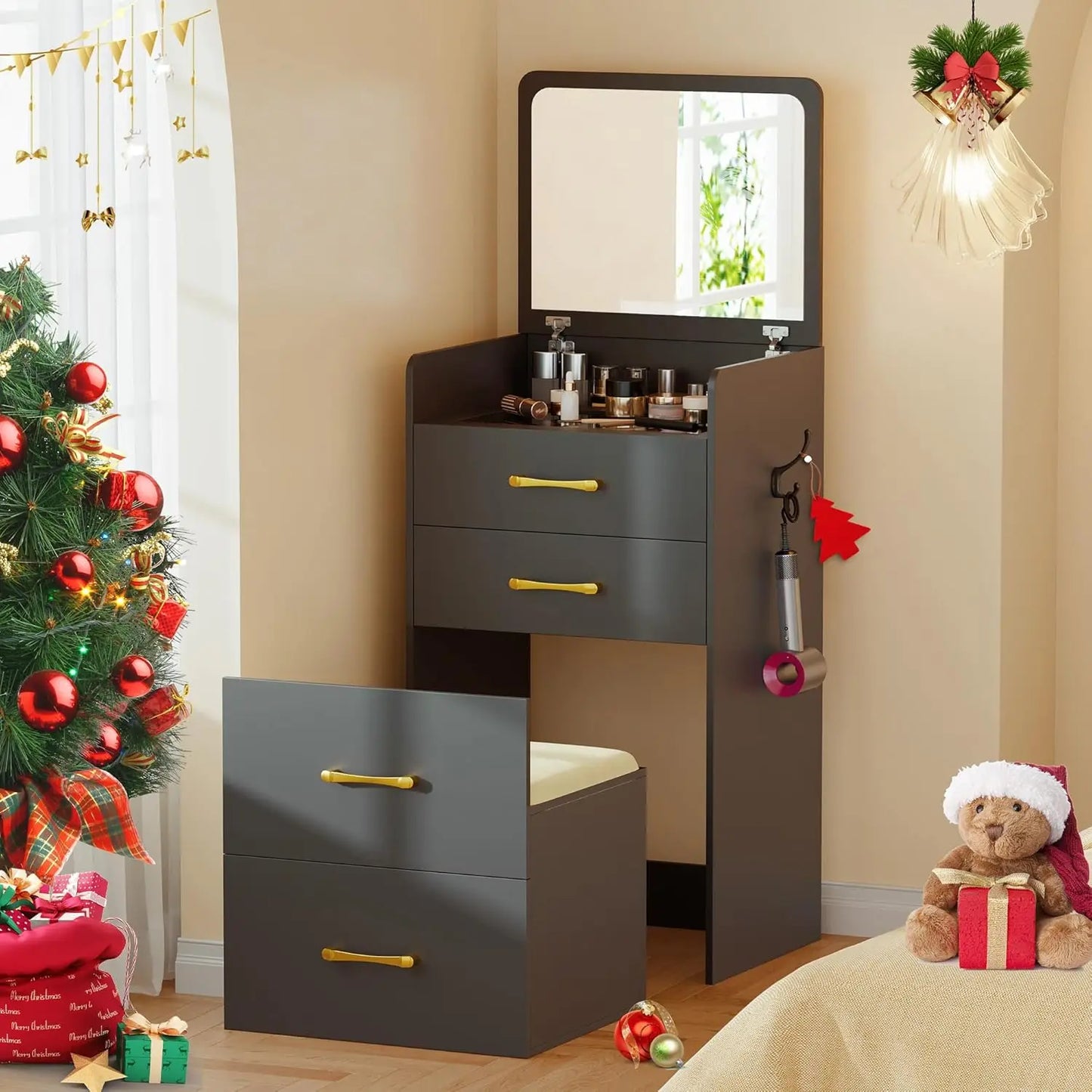 3-in-1 Vanity Desk With Flip Mirror Glass Desktop Premium