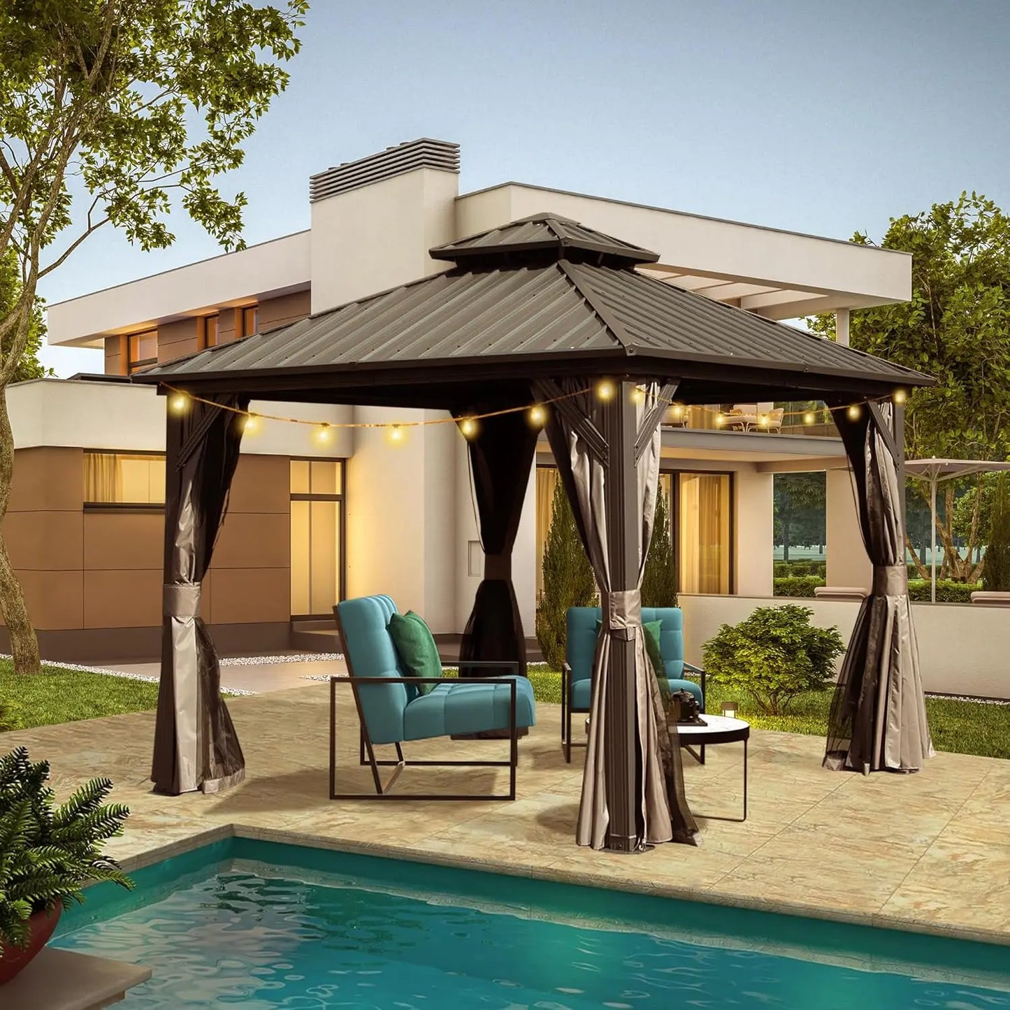 DUOFU Hardtop Gazebo With Galvanized Steel Double Roof Curtains Netting
