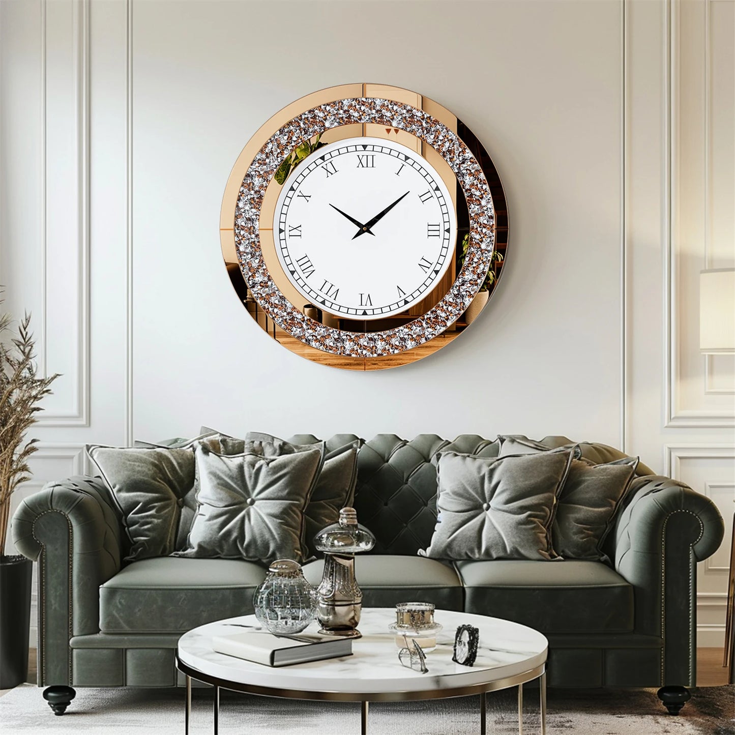 Crystal Embellished Round Mirror Clock For Wall Decor
