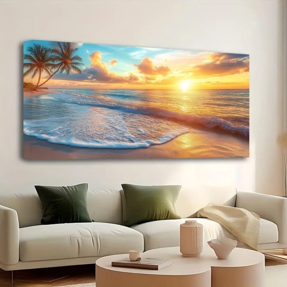 Pine Solid Wood Frame Ocean Sunset Canvas Wall Mural Decoration