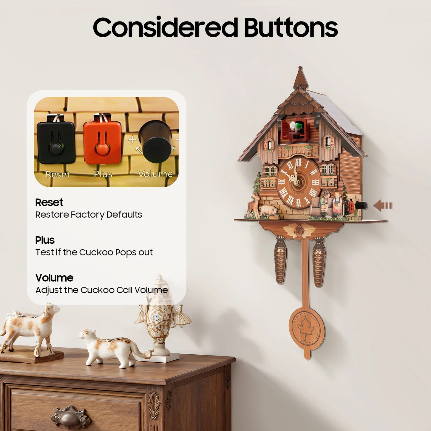 Wood Wall Mount Cuckoo Clock With Chime Time Display