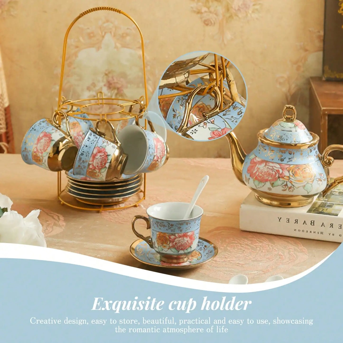 Porcelain Tea Set With Metal Holder And Gold Floral Pattern