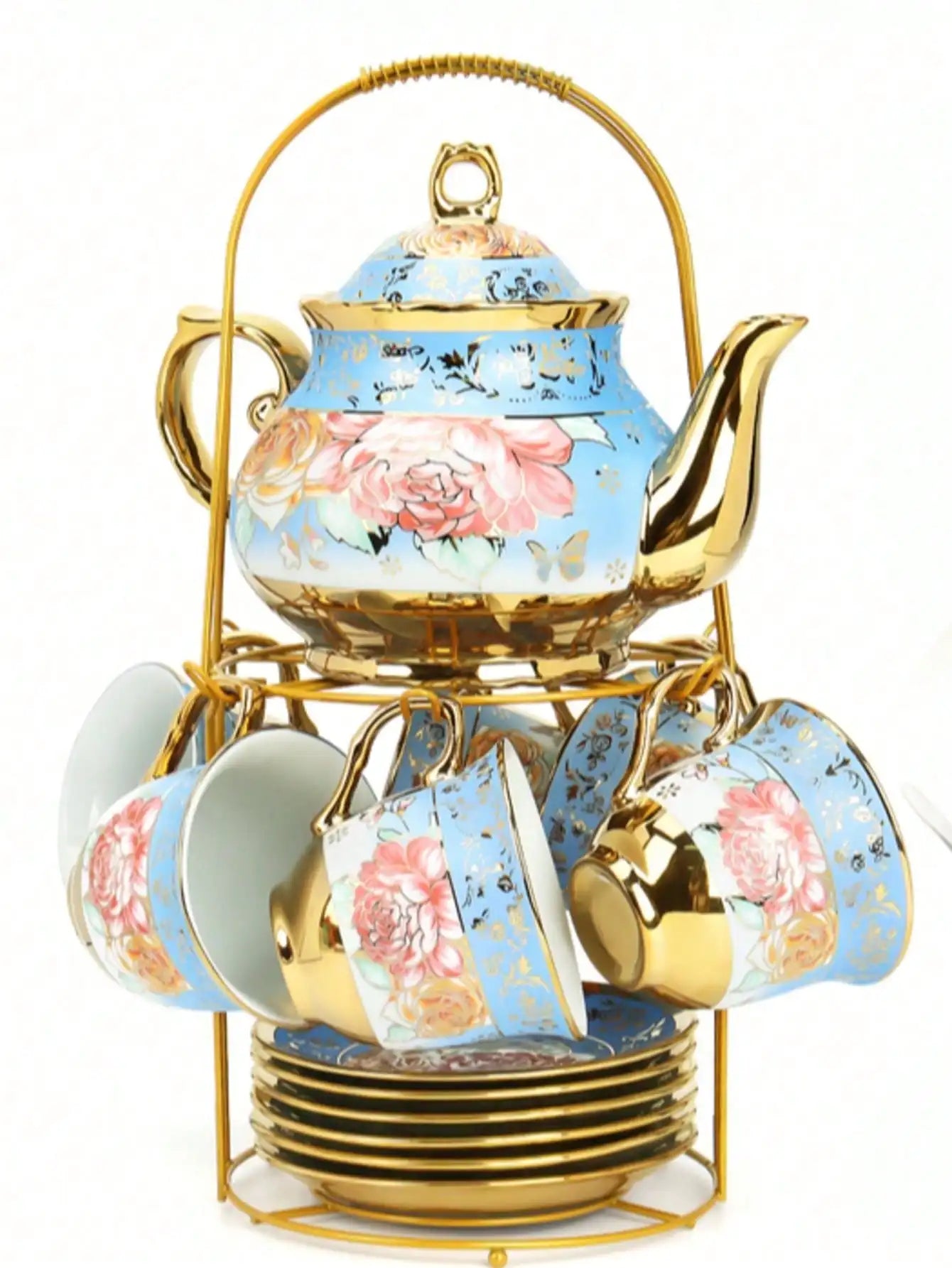Porcelain Tea Set With Metal Holder And Gold Floral Pattern