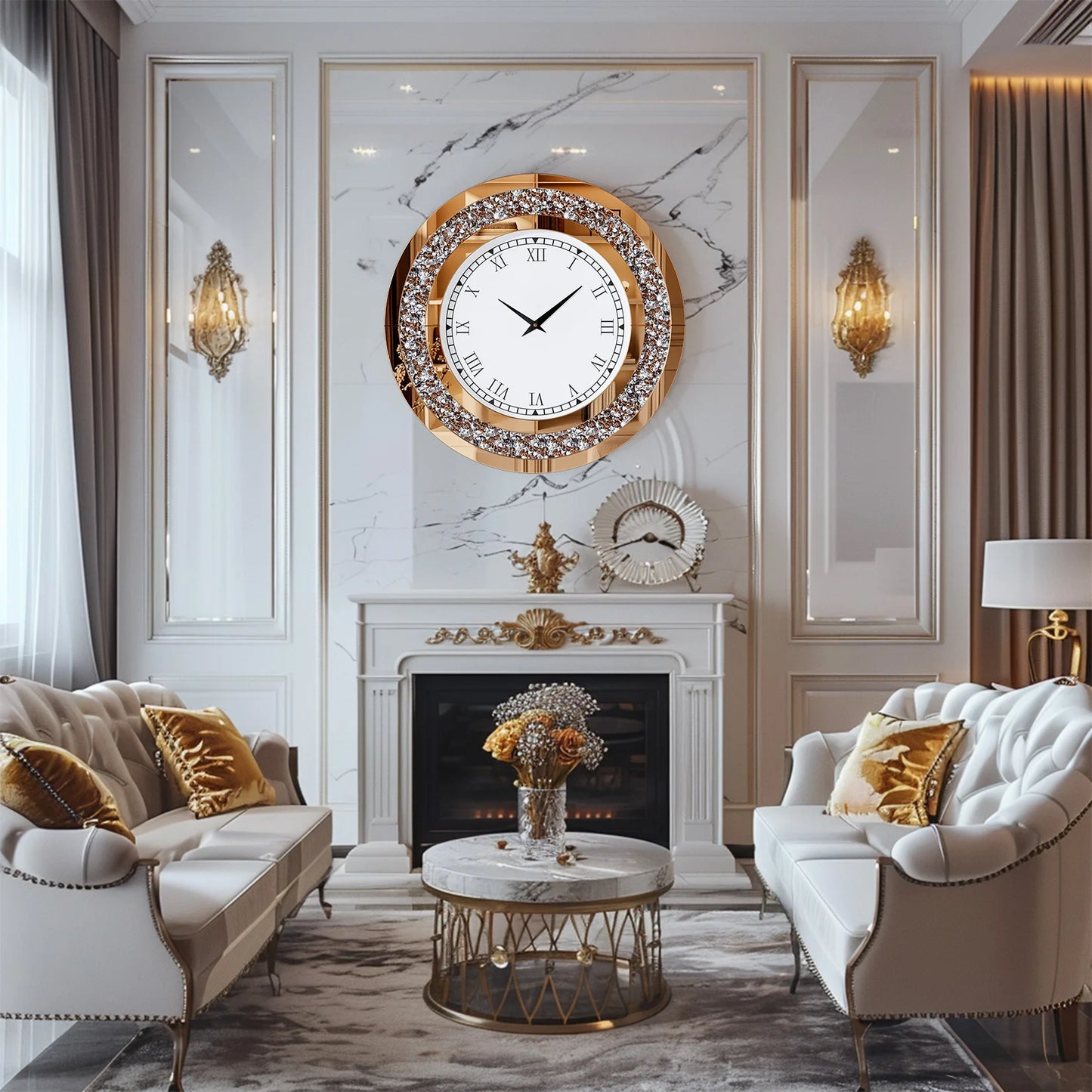 Round Mirror Wall Clock Crystal Sparkle Bling Living Room