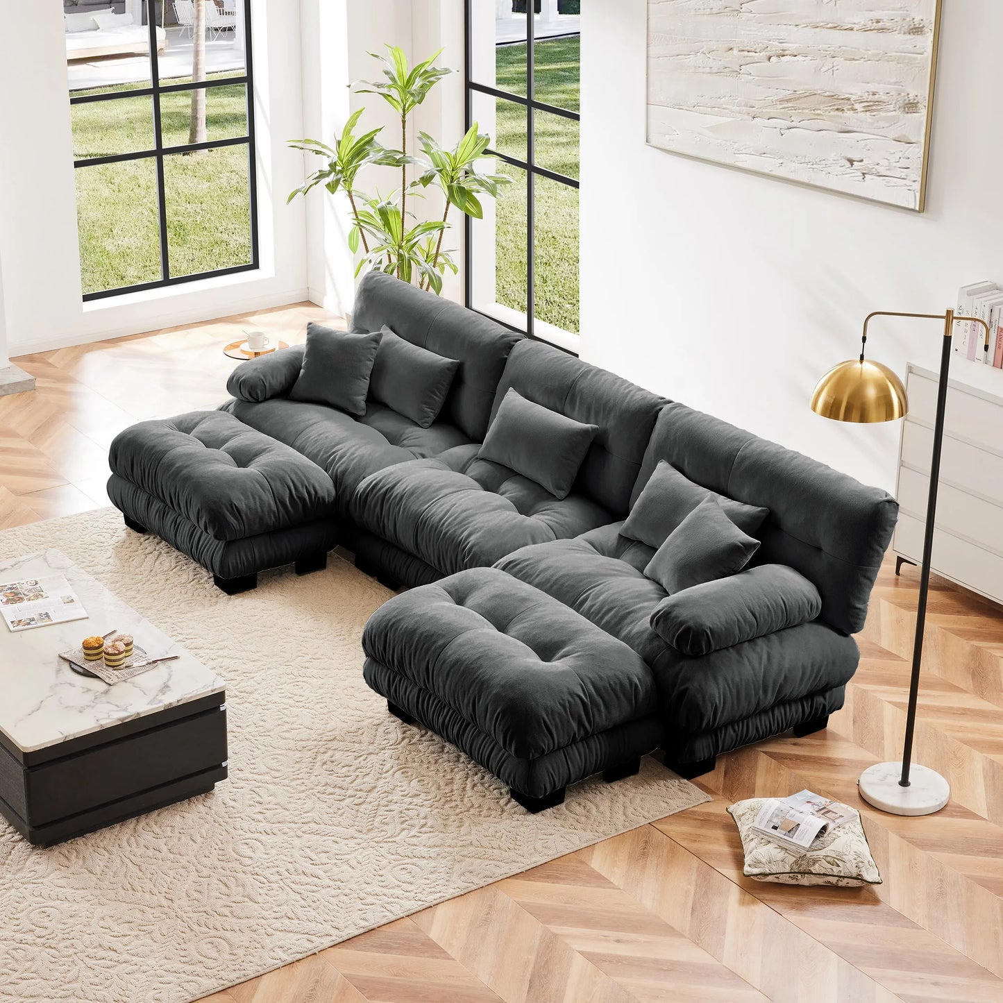 Chenille Modular Sectional Sofa Couch With Ottomans