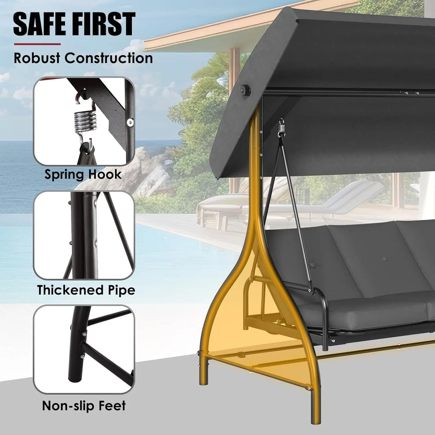 Three Seat Patio Swing With Adjustable Canopy And Backrest For Outdoor Use