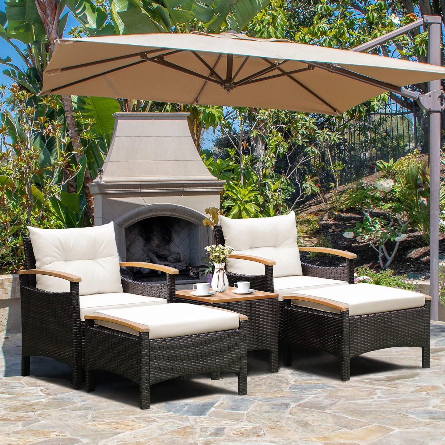 HOMASIS Patio Rattan Sofa Set With Wood Top Table Outdoor