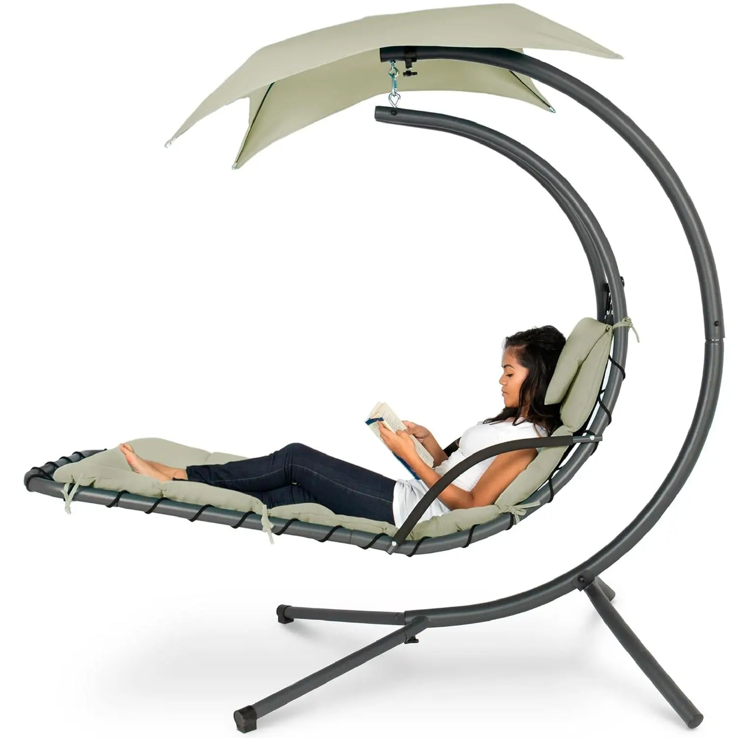 Outdoor Hanging Steel Chaise Lounge Chair With Swing Canopy Pillow
