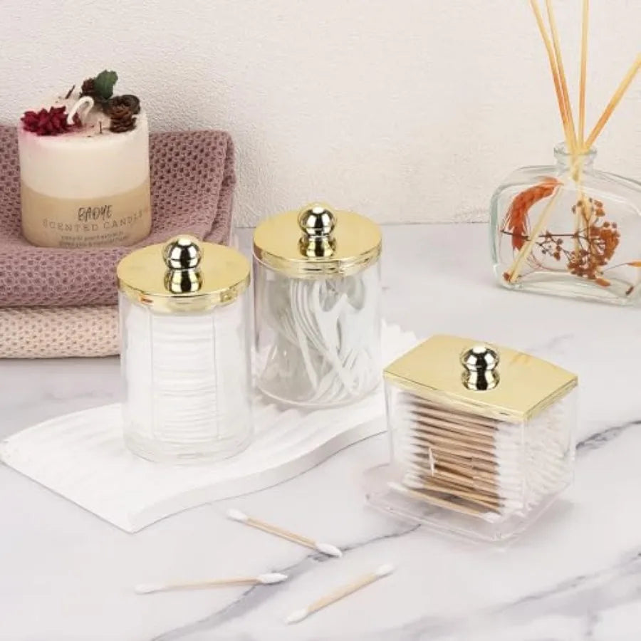 3 Pack Q Tips Dispenser Set For Bathroom Organization With Gold Lids