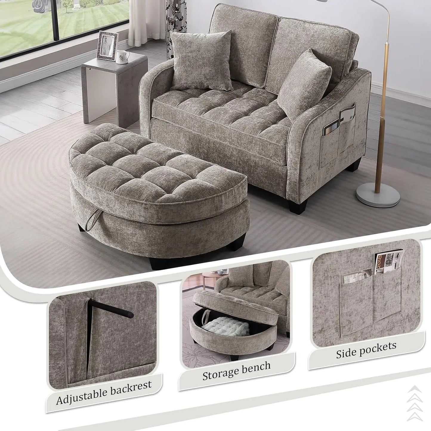 Oversized Curved Chaise Lounge Chair With Ottoman Indoor Soft Chenille