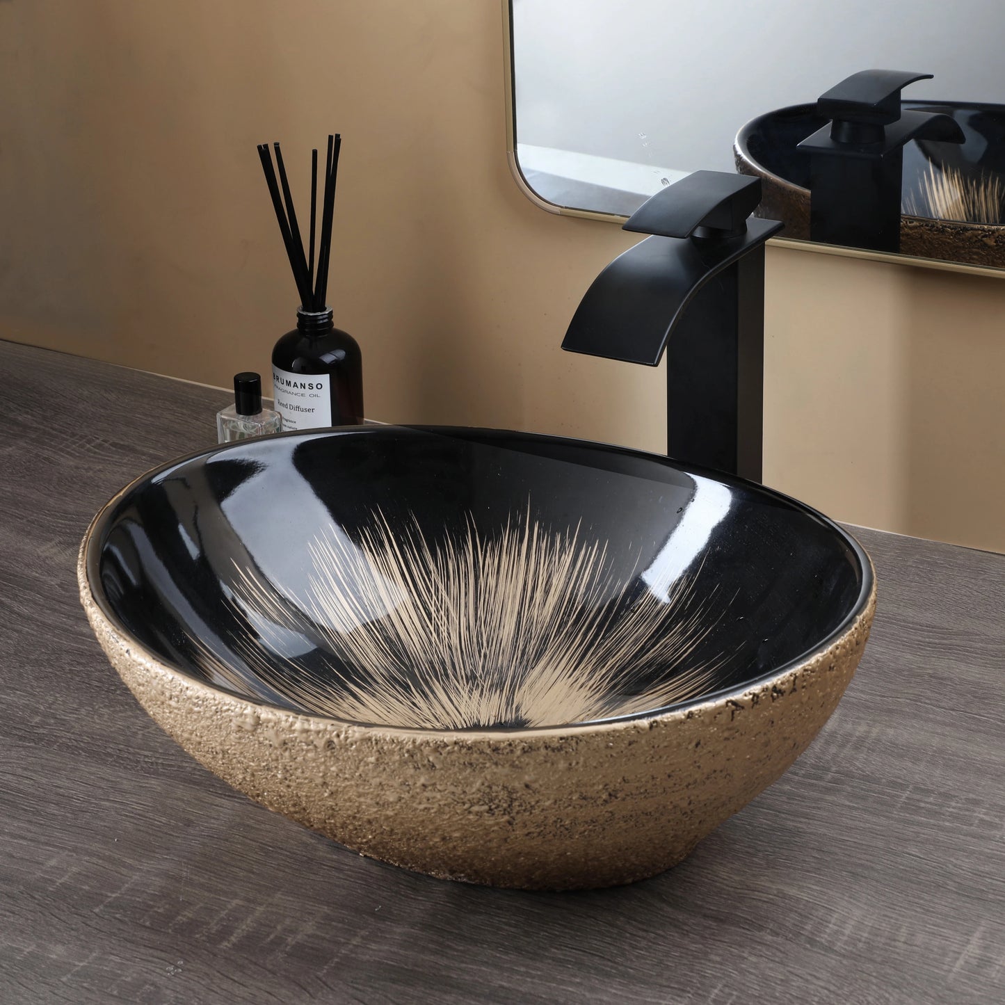 Mekhala Oval Vessel Sink With Faucet Marble Pattern Ceramic Vessel Sink