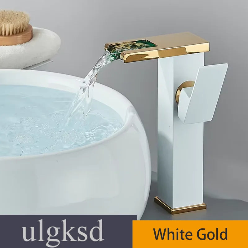 ULGKSD Bathroom Sink Faucets Cold&Hot Hydroelectric LED Basin Faucet Deck Mounted Waterfall Mixer Tap Kitchen Dual-use Tap Crane