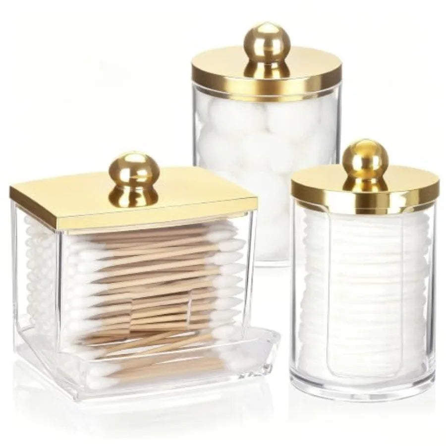 3 Pack Q Tips Dispenser Set For Bathroom Organization With Gold Lids