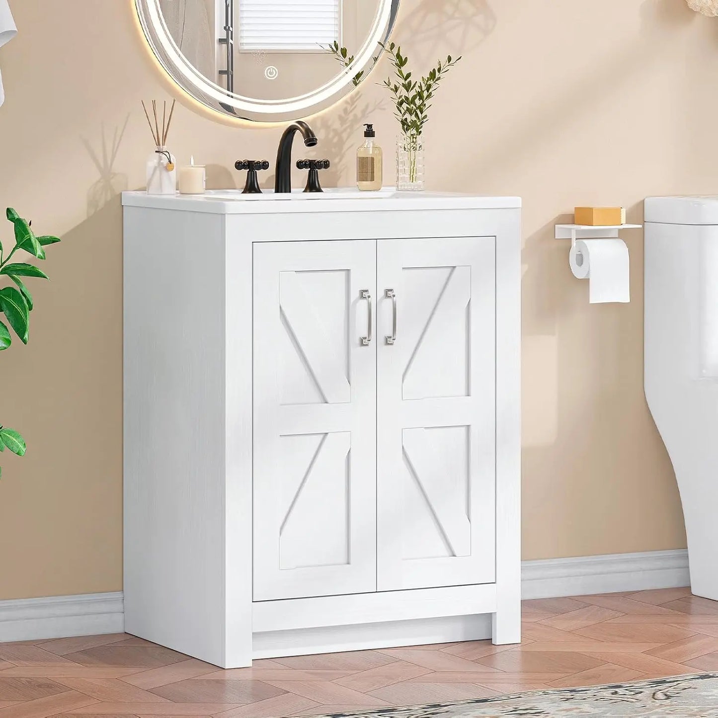 Farmhouse Bathroom Vanity With Sink Ceramic Basin Wood Cabinet