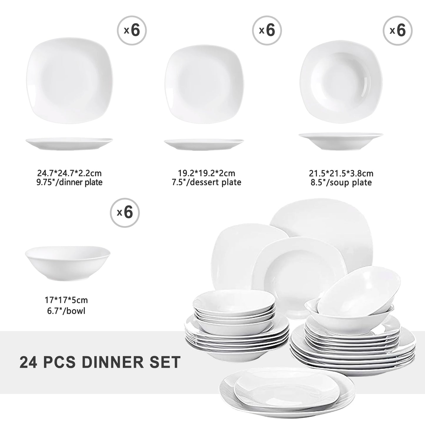 MALACASA Elisa 24 Piece Ceramic Porcelain Dinner Set For 6