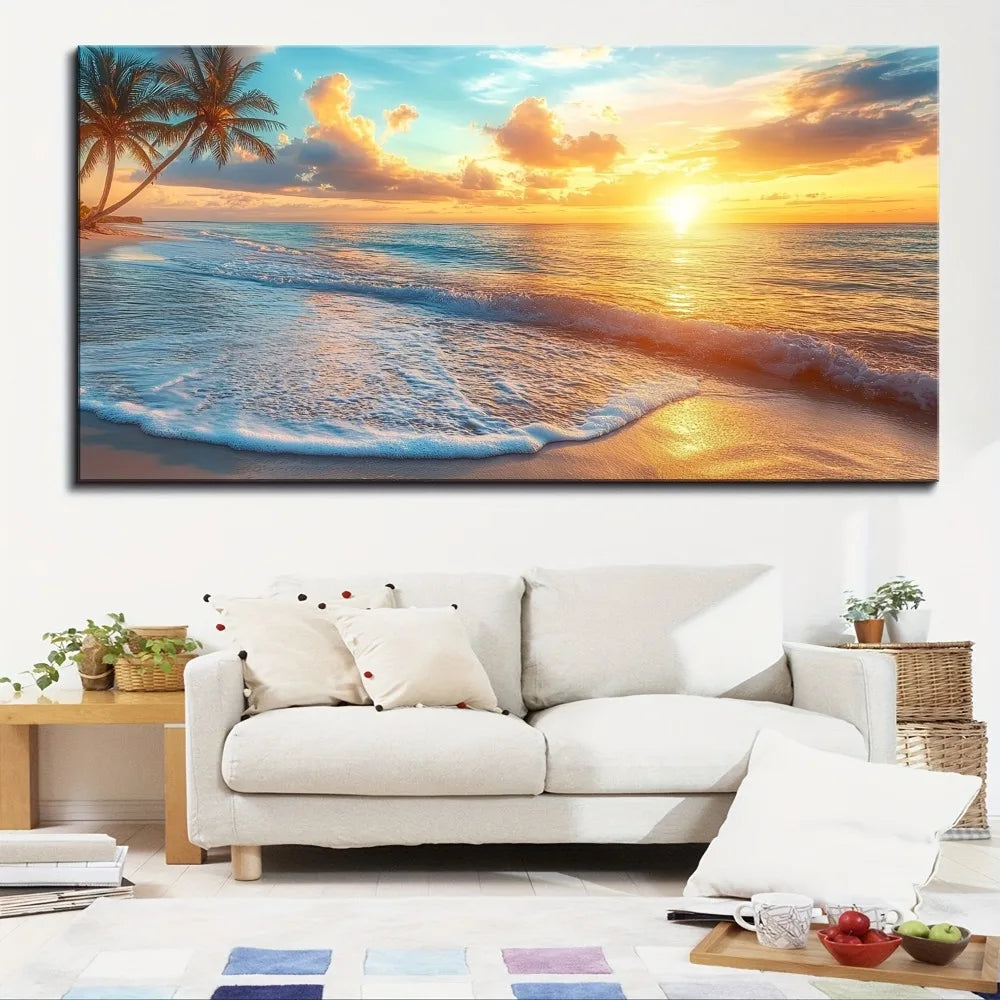 Pine Solid Wood Frame Ocean Sunset Canvas Wall Mural Decoration