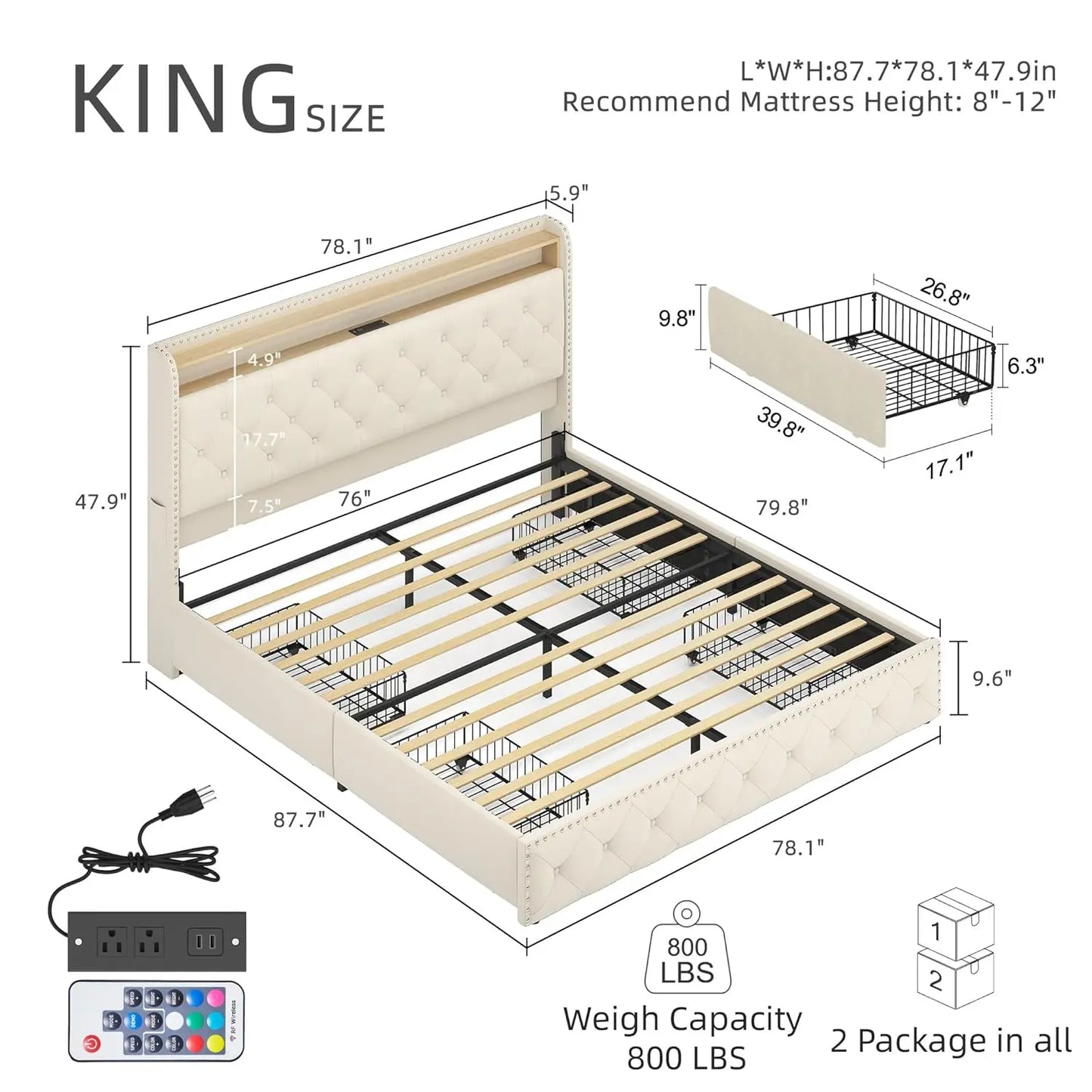 Velvet Bed Frame With LED Lighting And Storage Drawers
