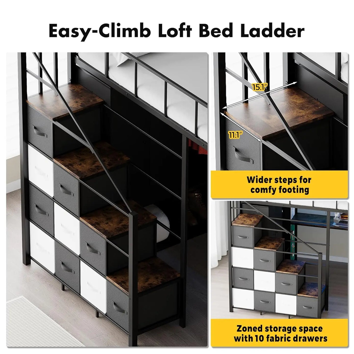 Loft Bed With Desk Stairs LED Gaming Frame Guardrail And Storage