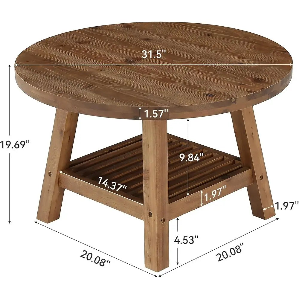 Solid Wood Round Coffee Table With Storage 2-Tier Living Room