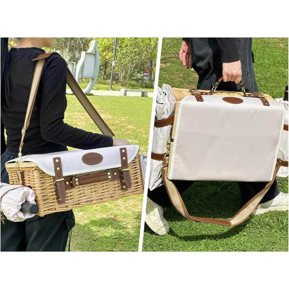 NBVCX Wicker Picnic Basket For Two With Insulated Wine Pouch And Tableware