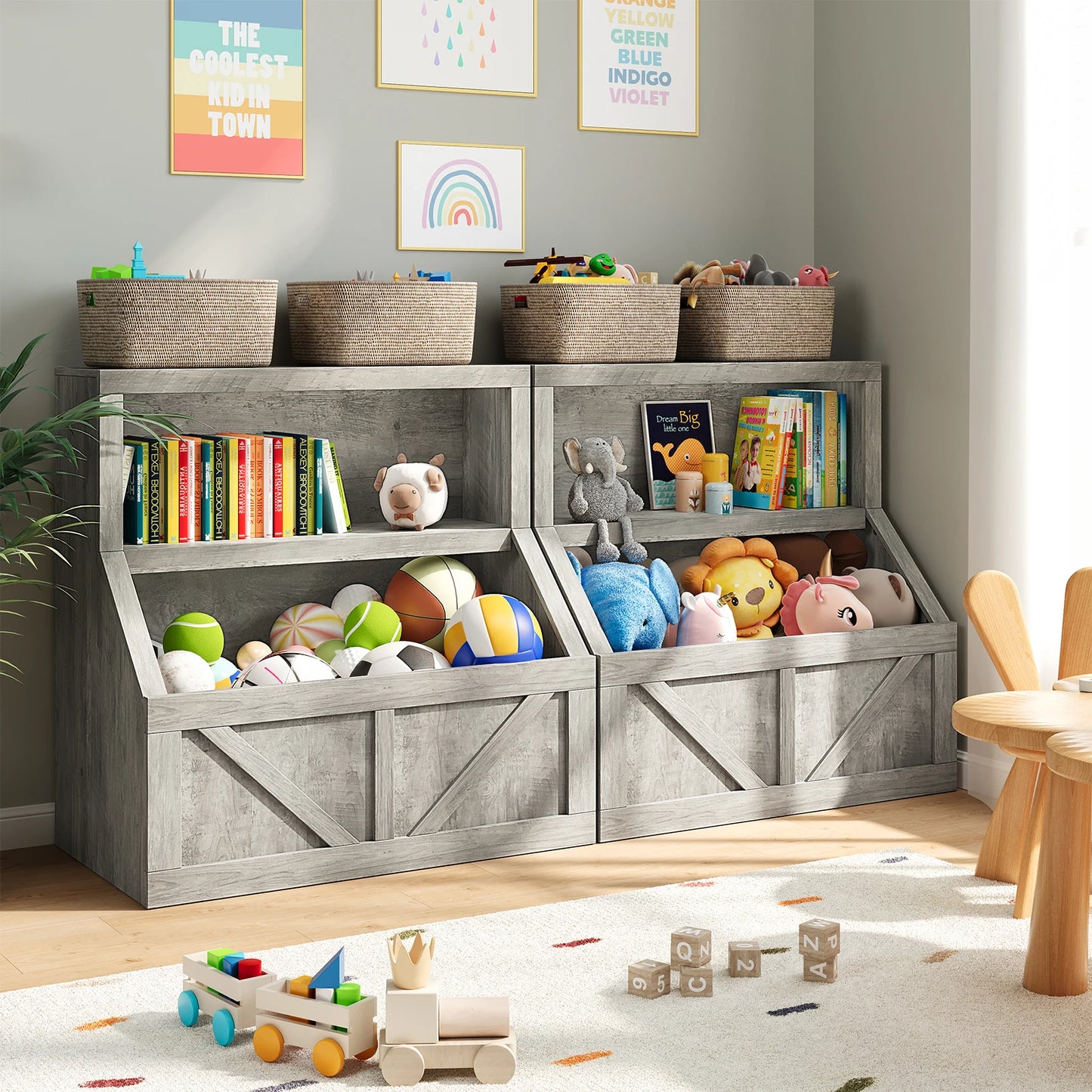 Wooden Kids Bookshelf and Toy Organizer With Cubby Storage