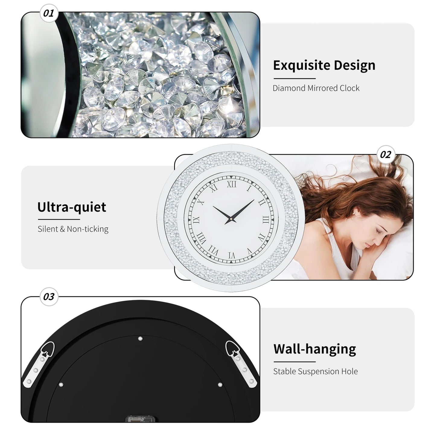 Crystal Embellished Round Mirror Clock For Wall Decor