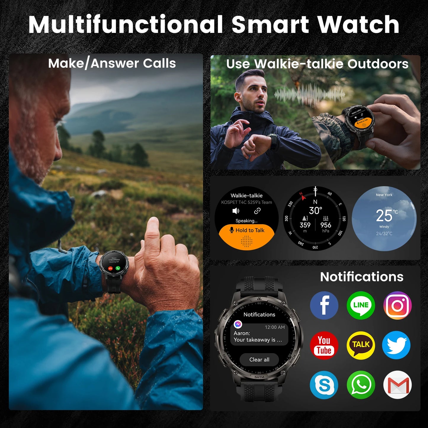 Kospe Tank T4C Smartwatch Men's Outdoor Rugged Dual-Band GPS Waterproof